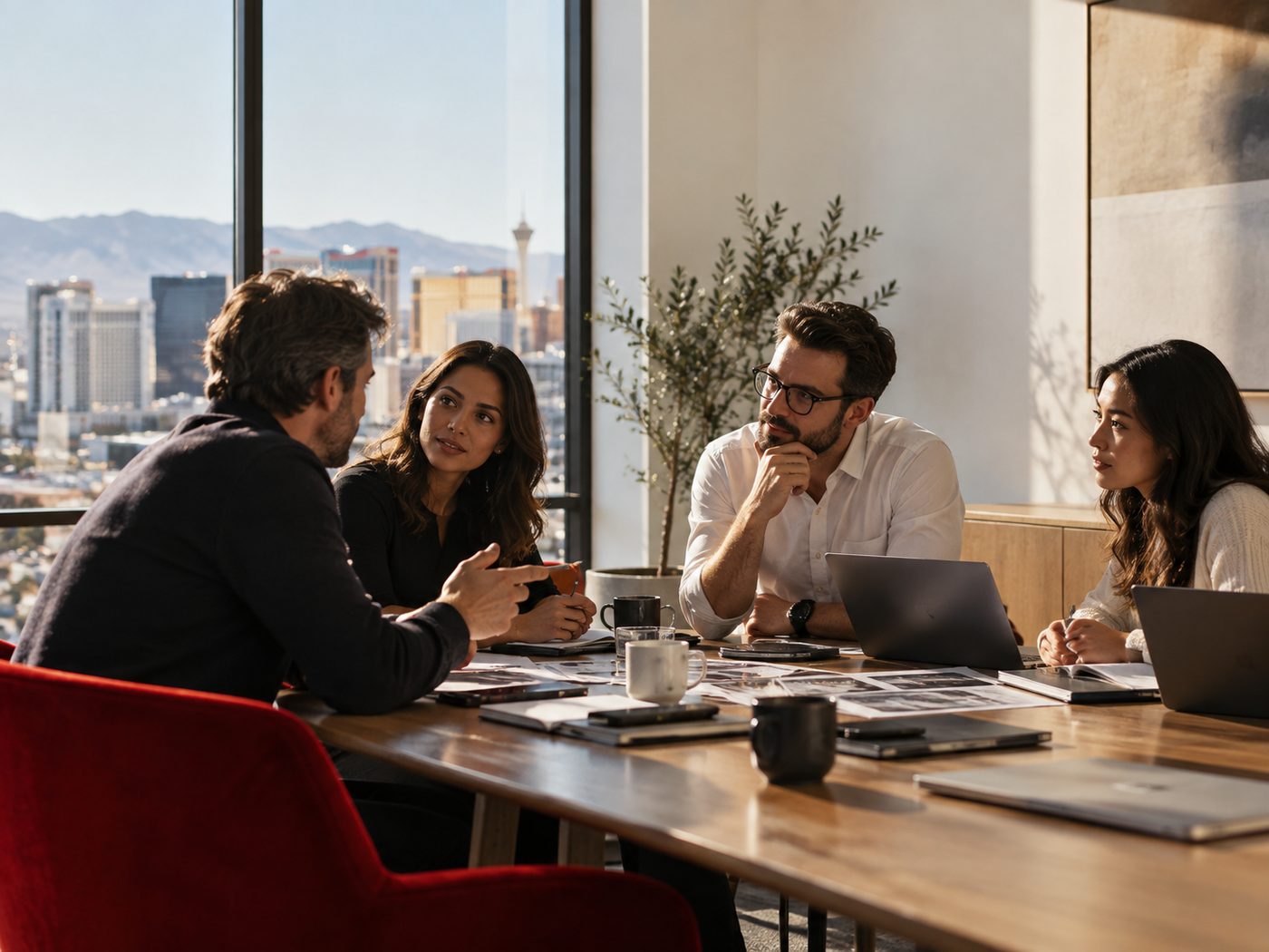 A team in conversation around a table in Las Vegas
