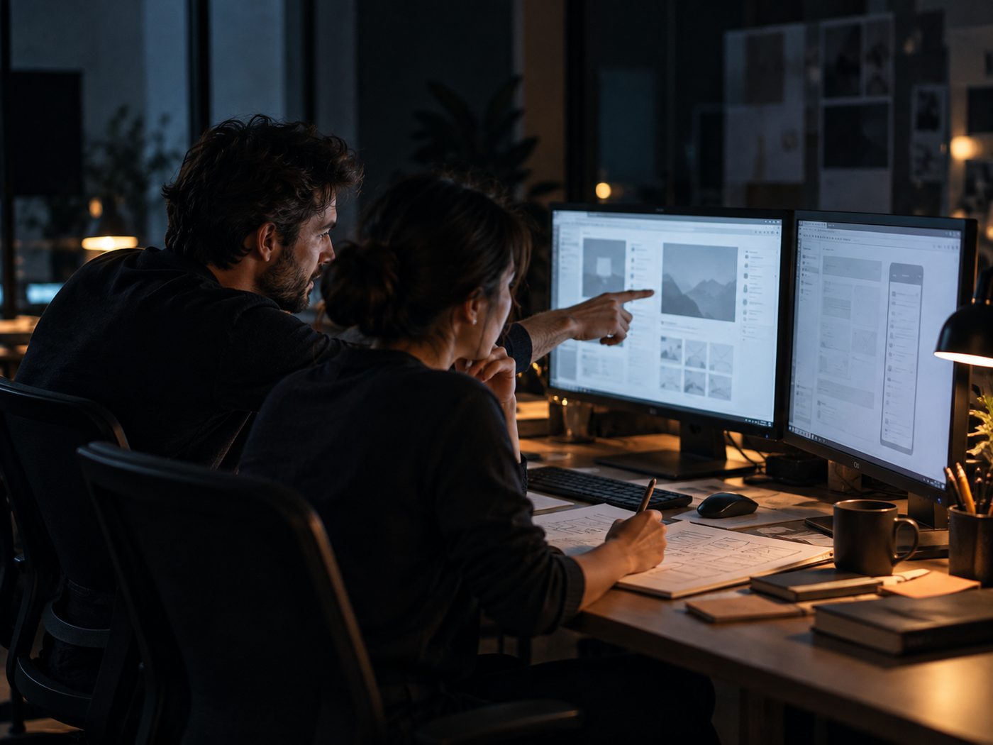 Two designers reviewing an app layout on screens at night