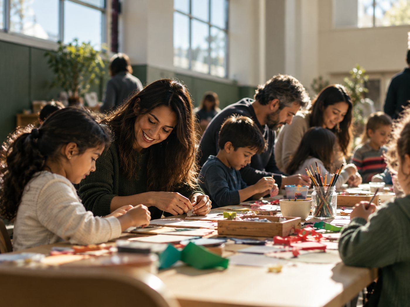 Parents and children doing crafts together at long tables